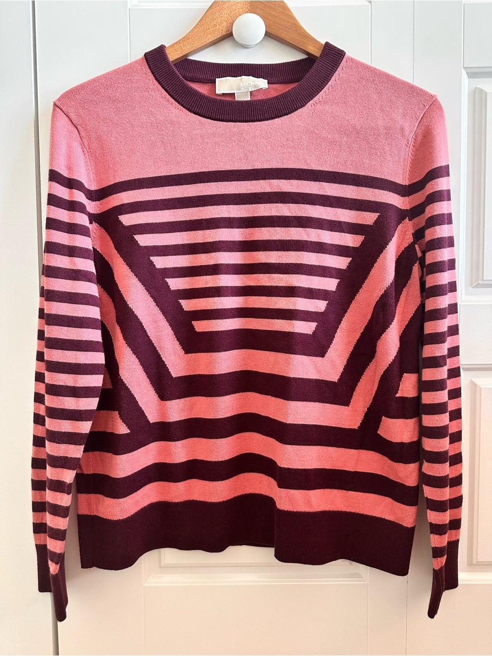 Michael Kors Pink & Maroon Geometric Striped Crew Neck Sweater Womens Size Large